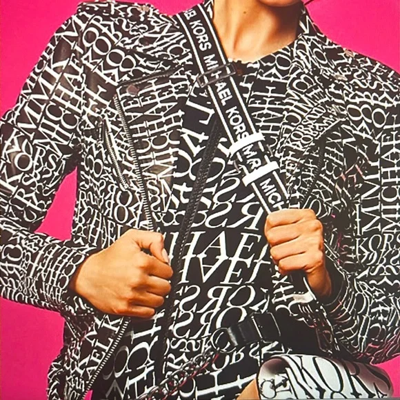 Michael Kors newsprint logo leather Moto jacket